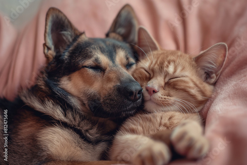 a happy dog       and cat cuddling together on pink background