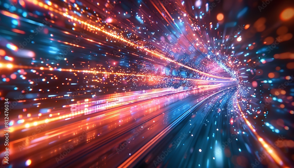 Fototapeta premium 3d illustration of moving fast fast fast through tunnel with glowing particles.
