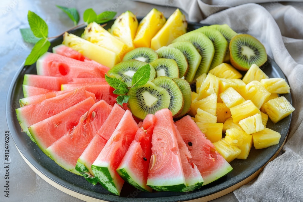 A refreshing fruit platter featuring vibrant slices of watermelon, pineapple, and kiwi A refreshing fruit platter featuring vibrant slices of watermelon, pineapple, and kiwi