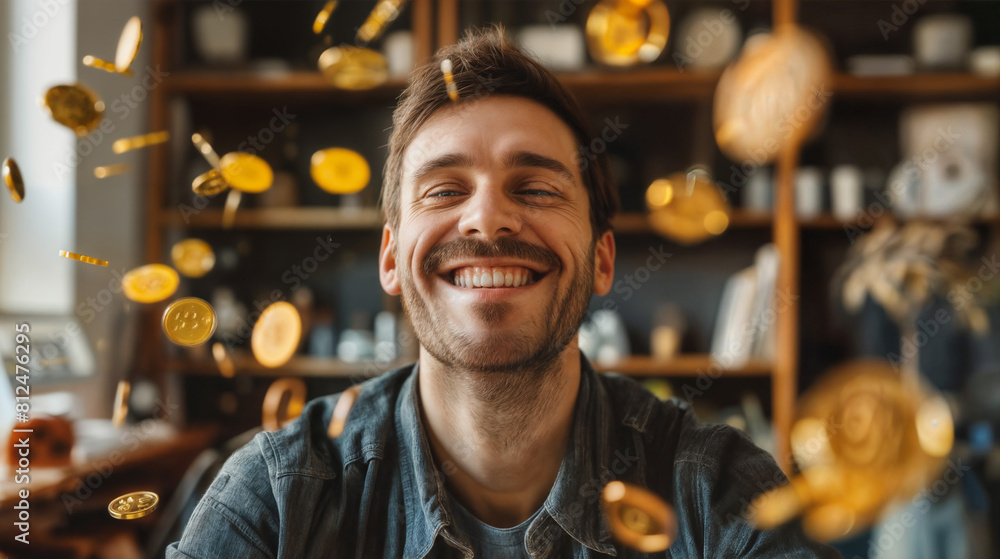 Obraz premium A happy man with gold coins flying around him sits in a room. Rain of coins. Good luck in business or winning the lottery.