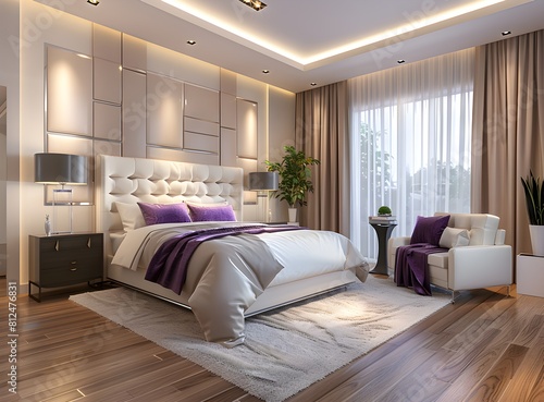 Elegant modern bedroom interior with wooden floor  white bed and wall lighting