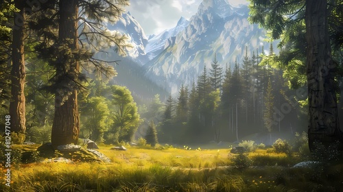 An idyllic forest glade bathed in dappled sunlight, with towering trees creating a canopy overhead and rugged mountains towering in the distance, creating a scene of natural tranquility and beauty photo