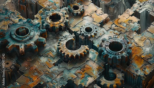 An inventive representation of Earths tectonic plates as segments of a giant puzzle of gears, fitting together and drifting apart photo