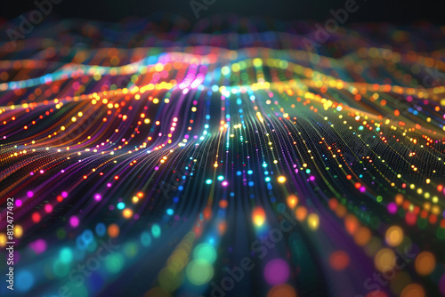 An abstract network of colorful digital beams crisscrossing in a pattern of high-speed data flow. photo