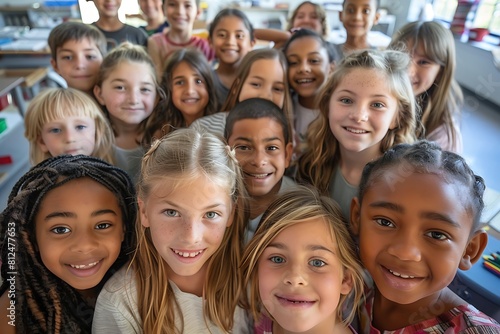 Class selfie in an elementary school. Kids taking a picture together in a co-ed school photo