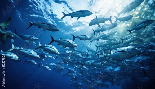 Groups of giant Tuna fish in the underwater, coral reef, amazing underwater life, various fish and exotic coral reefs, ocean wild creatures background