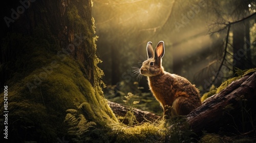 A wild hare in the forest, the rays of the sun are breaking through the trees. Beauty is in nature.