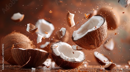 Wallpaper Mural Dramatic image of coconuts breaking apart mid-air with shards and coconut water splashing, set against a warm background. Torontodigital.ca