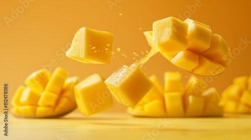 Dynamic image of fresh mango cubes in mid-air, splashing juice against a vivid yellow background, highlighting tropical freshness.