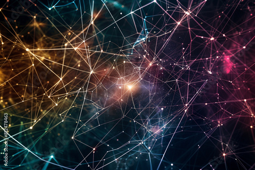 An ethereal web of digital connectivity depicted with glowing  multicolored lines in a dark void.