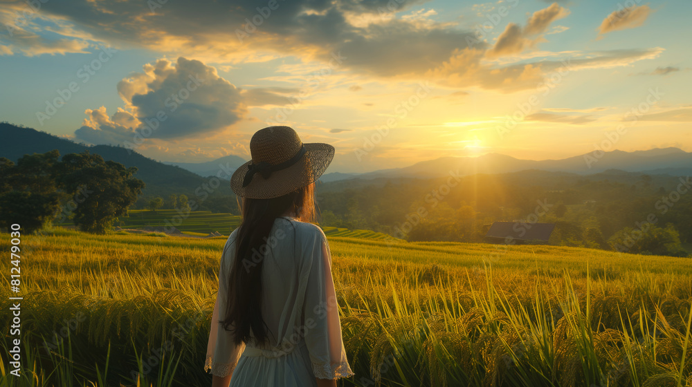 girl in a straw hat looking at the sunset over a field of wheat girl in a straw hat looking at the sunset over a field of wheat