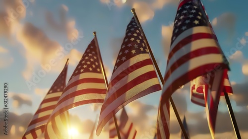 American flags waving in the wind at sunset. 3D Rendering