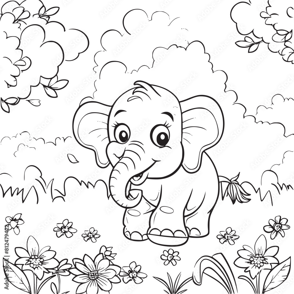 Black and White Cartoon Illustration of Elephant Animal Coloring page for kids and adults. Print design, t-shirt design, tattoo design, mural art, line art. Black and White Cartoon Illustration of Elephant Animal Coloring page for kids and adults. Print design, t-shirt design, tattoo design, mural art, line art.