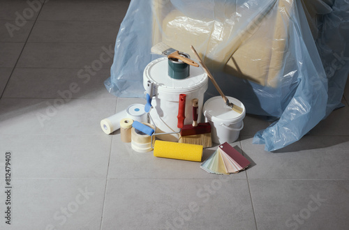 Professional painting equipment on the floor