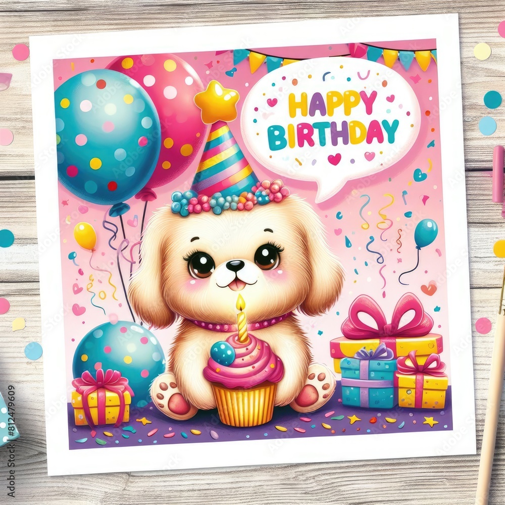 Obraz premium Birthday cards card with a dog and balloons image art realistic photo has illustrative meaning illustrator.