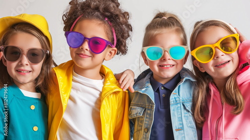 Group of children wearing oversized sunglasses and pretending to be celebrities