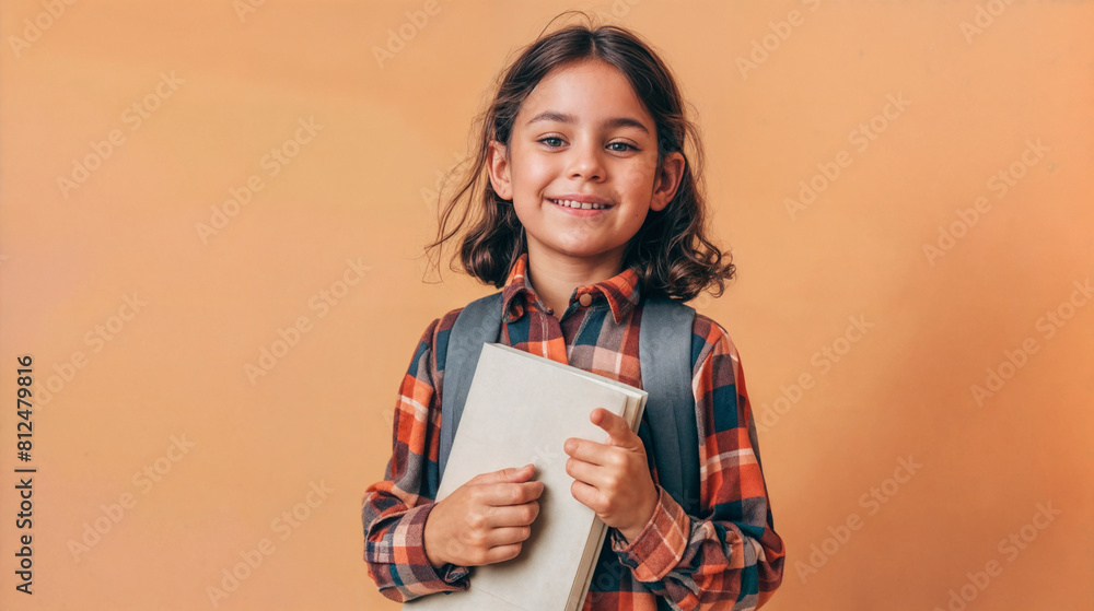Smiling schoolgirl with books. Young girl indoors, smiling and holding a book. She is standing in front of a beige background. Smiling schoolgirl with books. Young girl indoors, smiling and holding a book. She is standing in front of a beige background.