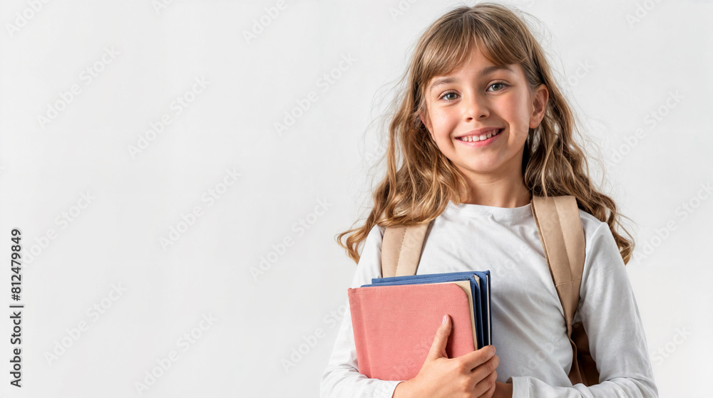Schoolgirl with books. Young girl indoors, smiling and holding a book. She is standing in front of a white background. Schoolgirl with books. Young girl indoors, smiling and holding a book. She is standing in front of a white background.