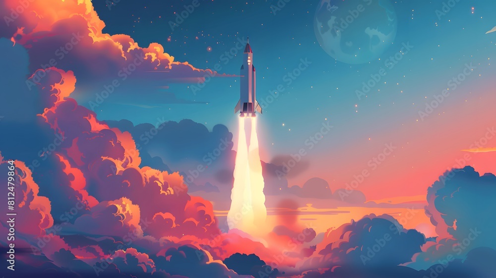 Spaceship takes off into the sky. Rocket starts into space. illustration