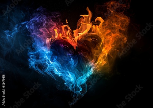 A heart made of blue and orange flames on a black background