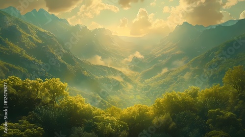 A breathtaking 4K landscape featuring majestic mountains towering above a dense forest of vibrant green trees, with sunlight peeking through the clouds, illuminating the scene in golden hues photo