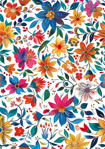 Cute traditional Mexican floral pattern in the style of folklore art print, white background, colorful vector illustration, high resolution.