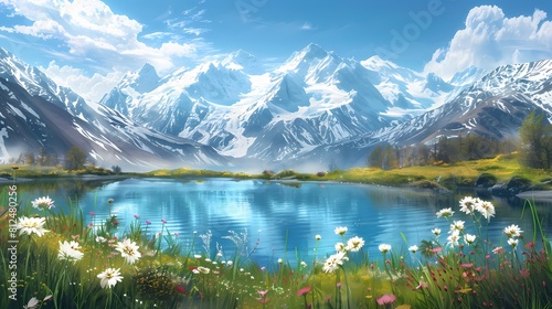 A breathtaking panoramic view of snow-capped mountains reflected in the crystal-clear waters of a tranquil lake, surrounded by vibrant alpine meadows in full bloom