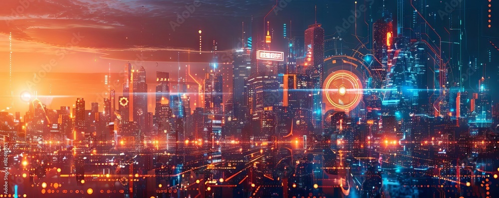 Futuristic cityscape with skyscrapers connected by moving gears and electric light trails Futuristic cityscape with skyscrapers connected by moving gears and electric light trails