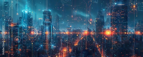Futuristic cityscape with skyscrapers connected by moving gears and electric light trails