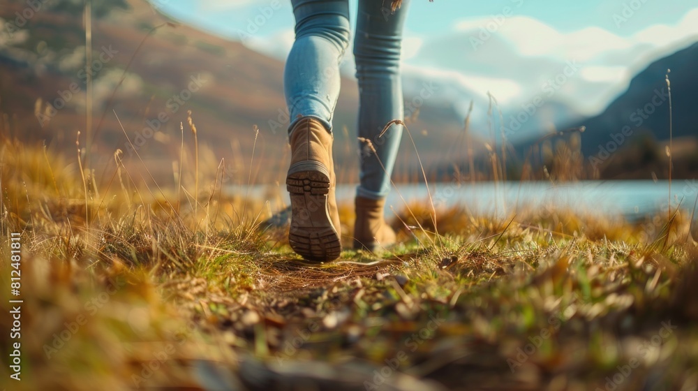 Close-up, Young Woman legs walking on green grass outdoors with a blur of mountain and lake. Close-up, Young Woman legs walking on green grass outdoors with a blur of mountain and lake.