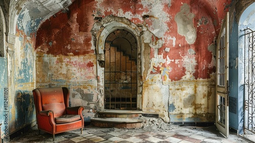 An old, dilapidated room with a high ceiling and arched doorways. The walls are peeling, revealing layers of paint in shades of red, blue, and yellow, with some parts down to the bare plaster. A vinta photo