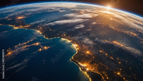 Aerial view of Earth s curvature from space  sunrise over land and ocean.