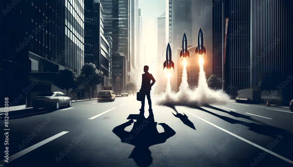 Obraz premium a businessman from which miniature rockets are launching, set against a cityscape. This metaphor captures the essence of making bold, high-stakes decisions in the business world.