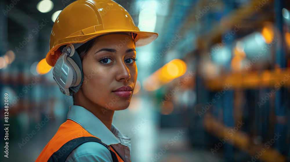 A portrait of a young Asian woman wearing a hardhat and headphones against a warehouse backdrop. A portrait of a young Asian woman wearing a hardhat and headphones against a warehouse backdrop.