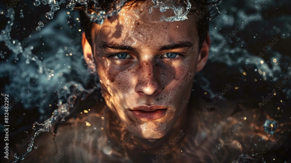A close-up shot of a young person's face partially submerged in water. The individual has clear blue eyes and freckled skin. Sunlight is reflecting through the water, creating a sparkling effect aroun