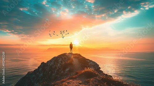 A person stands alone on the edge of a cliff overlooking a vast sea as the sun sets on the horizon. The sky is awash with warm hues of orange, yellow, and blue, and a few wispy clouds are visible. The photo