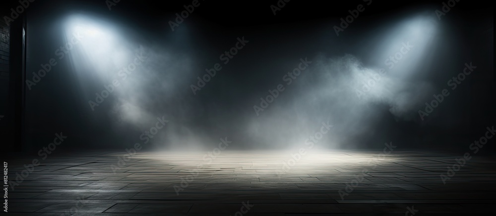An empty dark room with empty walls dim lights floating smoke a subtle glow and rays of light The composition is perfect for copy space image