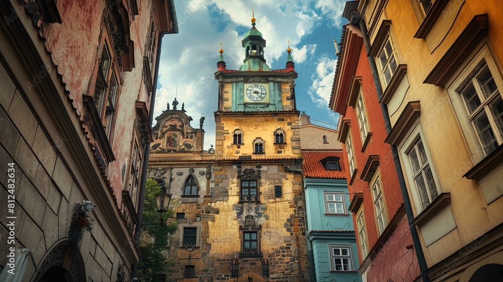 Fototapeta premium The image showcases a stunning view of a European city's architecture, capturing an old clock tower with a weather vane adorned by gilded motifs. The structure's facade is a blend of exposed stone and