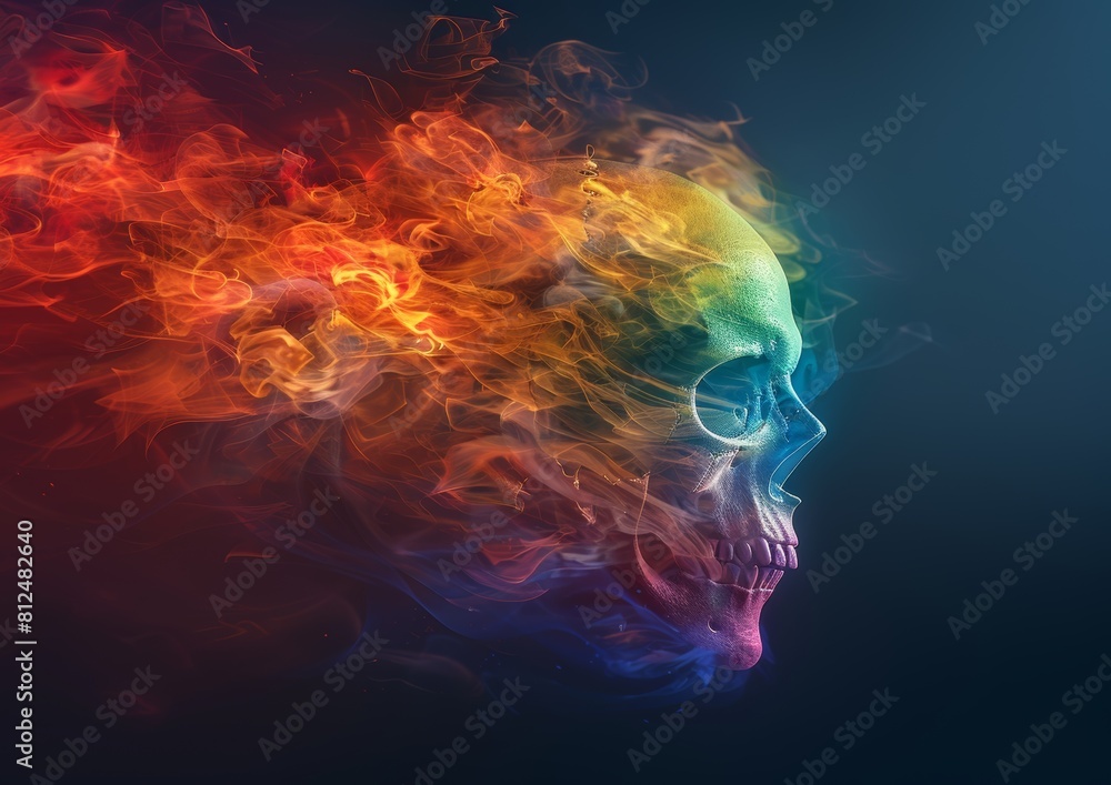 Colorful Smoke Skull: Gradient Skull Facing Right Against Black Background Colorful Smoke Skull: Gradient Skull Facing Right Against Black Background