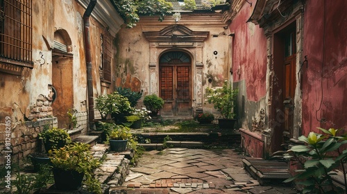 The image features an old and weathered courtyard with a distinctly vintage charm. The walls are painted in shades of pink and orange, displaying significant peeling and decay, adding to the rustic ae