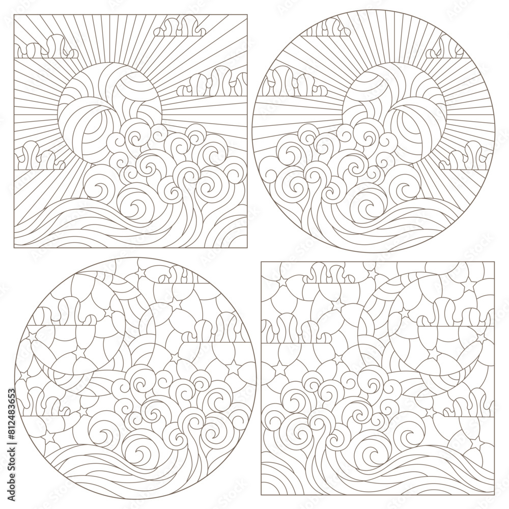 A set of contour illustrations in the style of stained glass with seascapes, dark contours on a white backgroundA set of contour illustrations in the style of stained glass with seascapes, dark contou A set of contour illustrations in the style of stained glass with seascapes, dark contours on a white backgroundA set of contour illustrations in the style of stained glass with seascapes, dark contou
