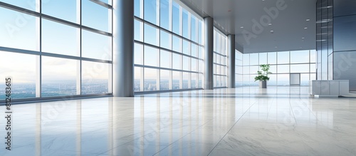 A modern office building with an empty marble floor providing ample copy space for images photo