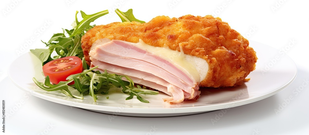 A Schnitzel Cordon bleu fillet cutlet with ham and cheese can be observed in an isolated setting against a white background We have a copy space image where the dish is showcased on its own enabling A Schnitzel Cordon bleu fillet cutlet with ham and cheese can be observed in an isolated setting against a white background We have a copy space image where the dish is showcased on its own enabling