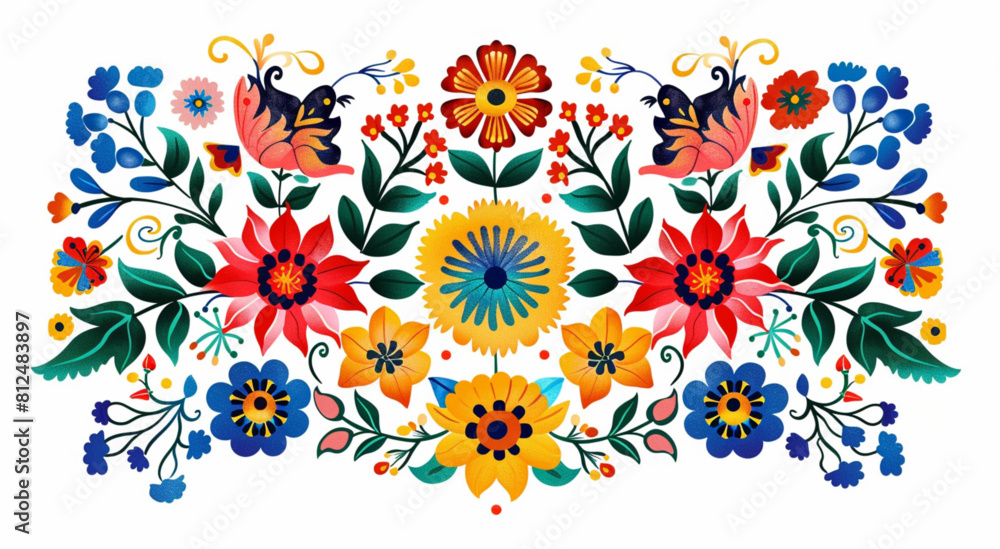 vector flat illustration of traditional Polish folk ornament pattern featuring flowers against a white background shown from the front with a top to bottom symmetrical