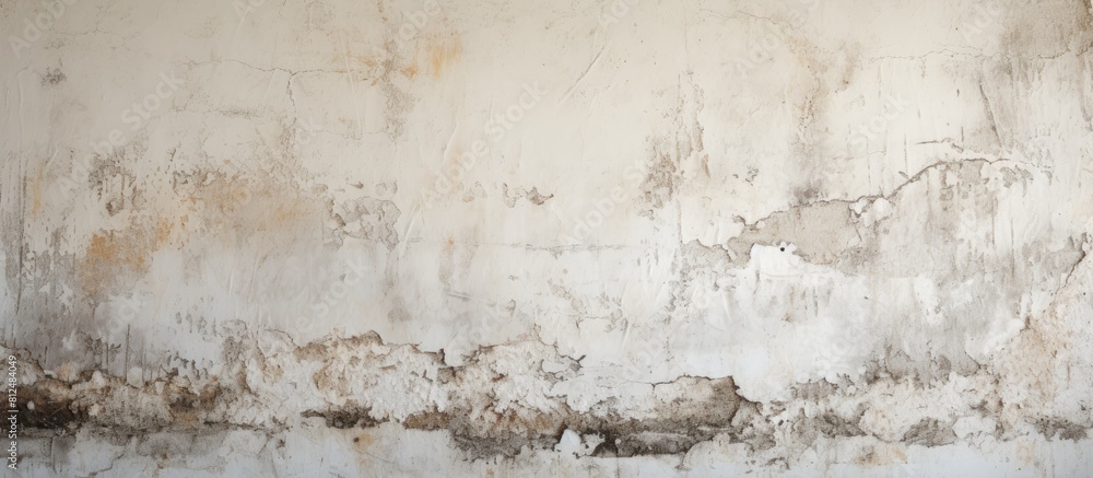 Old and grungy the texture of a dirty white painted concrete wall serves as a background evoking the roughness of aged cement The image features a copy space