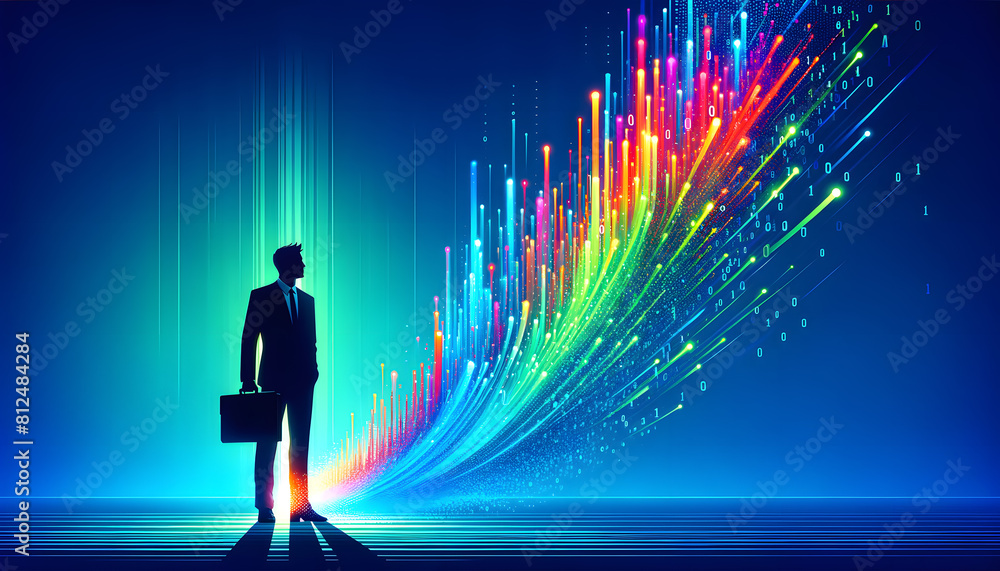 a stark silhouette of a businessman against a vibrant, colorful gradient background. a stark silhouette of a businessman against a vibrant, colorful gradient background.