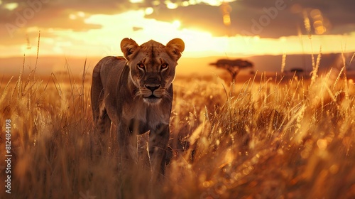 Majestic lioness prowling through tall grasslands at dawn. 
 photo