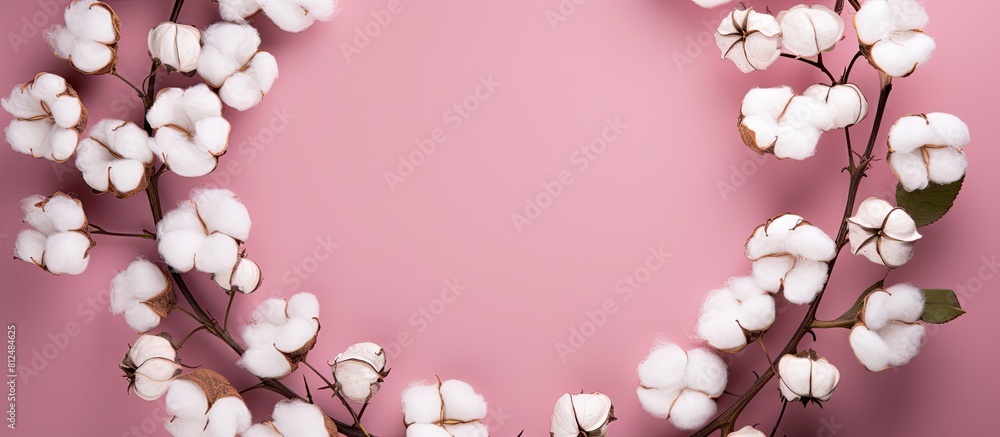 A creative arrangement of cotton flowers forms a circular shape on a pink background creating a minimal and artistic composition Copy space image A creative arrangement of cotton flowers forms a circular shape on a pink background creating a minimal and artistic composition Copy space image