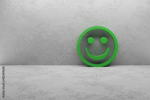 green positiv smiley in a white concrete room 