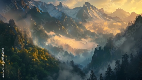 A breathtaking vista of a mountain range at sunrise  with mist swirling around the peaks and a dense forest of trees below  bathed in the soft light of dawn.